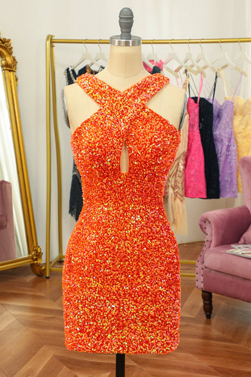 Naranja Halter Lentejuelas Sin Espalda Ajustado Vestido de Cóctel